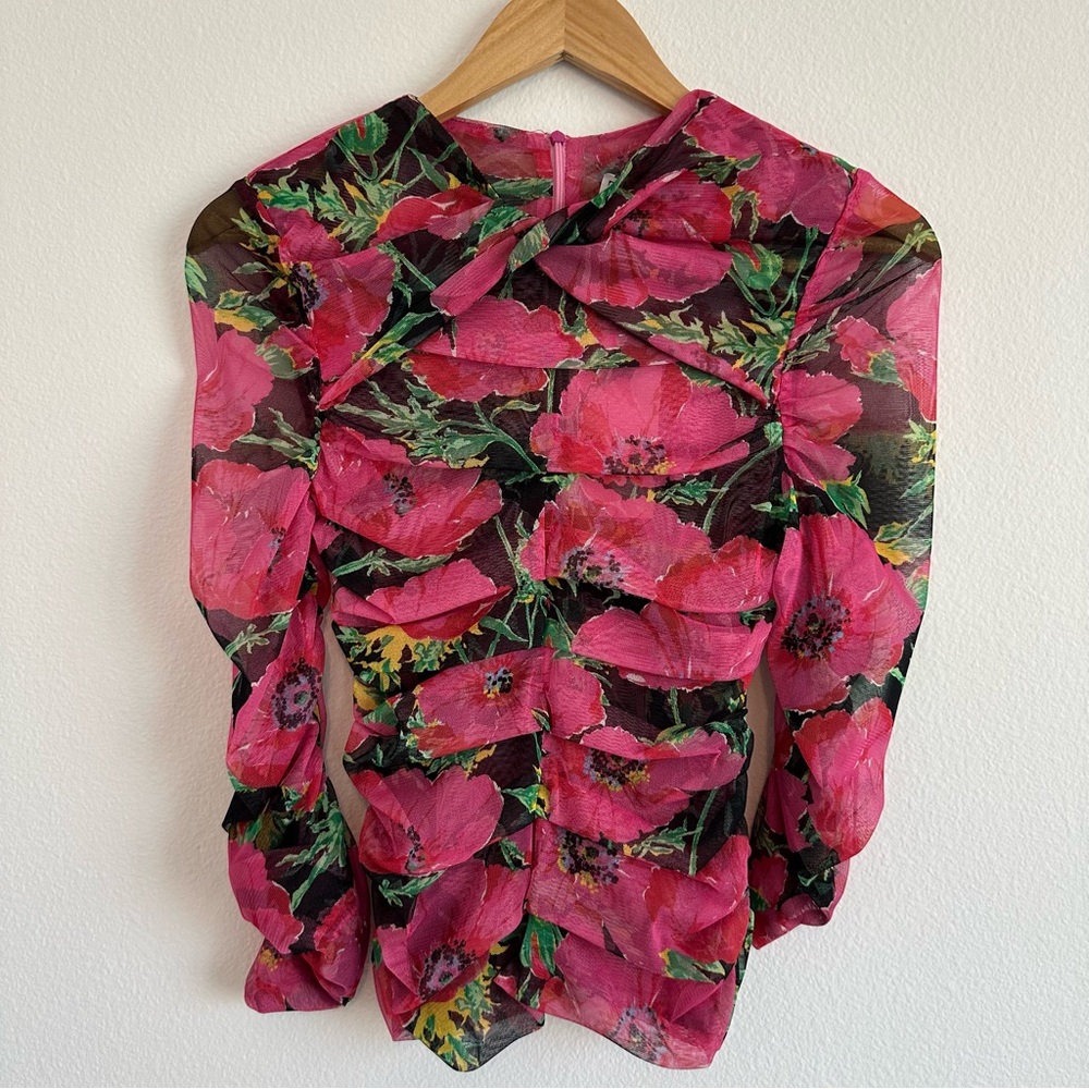 Zara Pink Floral Ruched Mesh Top